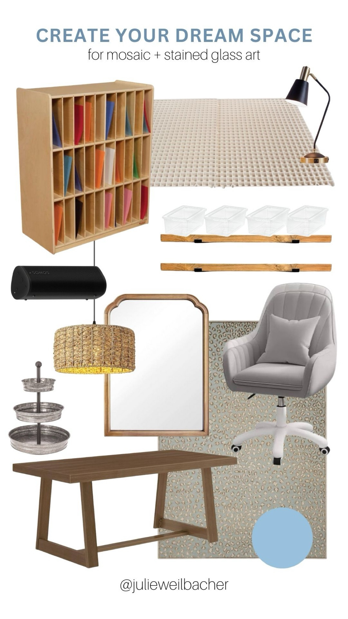 If creating your dream studio or creative space is on your goals list for this year, here’s some inspiration! ✨ For mosaic tips, tutorials, inspiration, and so much more please visit my YouTube channel: YouTube.com/julieweilbacher. Follow @julieweilbacher on Instagram for all things mosaic art. stained glass - studio decor - table lamp - wood shelves - 3 tier tabletop storage - wood dining table - natural lamp shade - boho pendant light - cute office chair - leopard print area rug - mosaic

#LTKHome