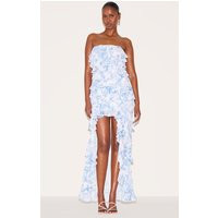 Blue Printed Ruffled Bandeau Maxi Dress | PrettyLittleThing US