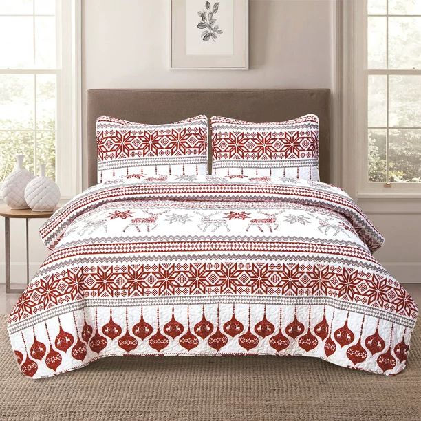 Aubrie Home Accents Fair Isle Oversized 3-Piece King Quilt Bedding Set with Pillow Shams Winter C... | Walmart (US)