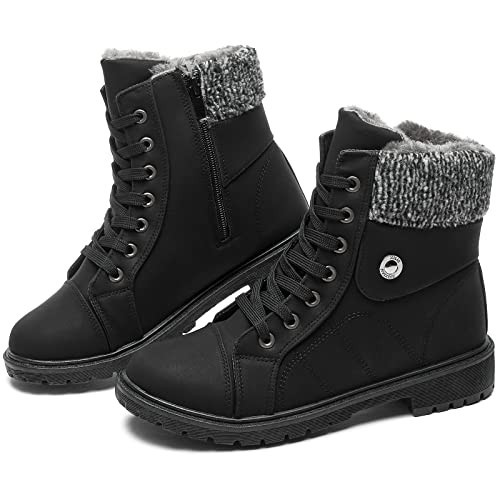 FRACORA Women's PU Leather Combat Boots Warm Fur Lined Black Ankle Booties Side Zipper Waterproof Winter Boots(Black,US8) | Amazon (US)
