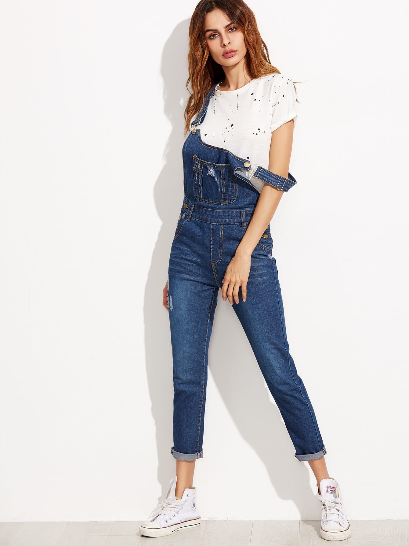 Ripped Denim Dungarees With Pocket | SHEIN