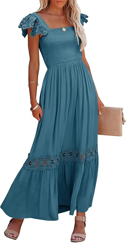 Ferlema Womens Summer Boho Lace Strap Sleeveless Square Neck Ruffle A Line Flowy Beach Long Maxi ... | Amazon (US)