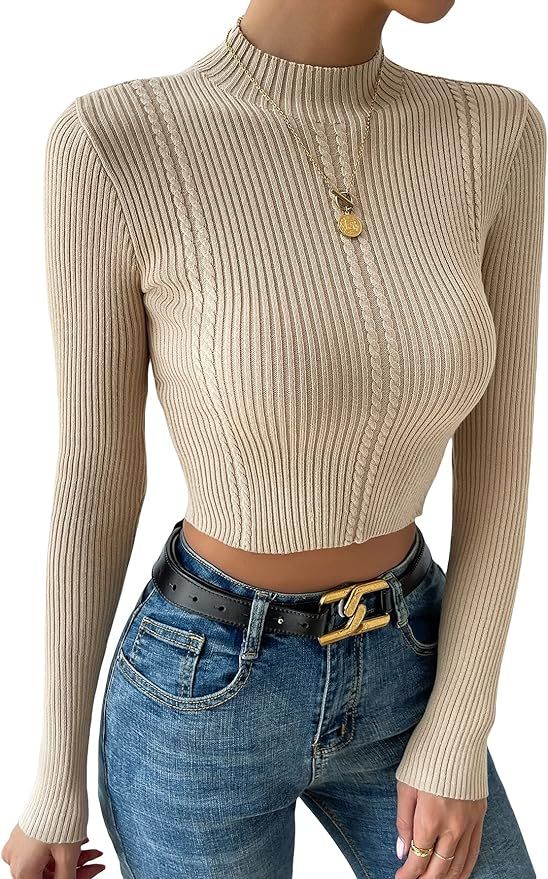 WDIRARA Women's Mock Neck Long Sleeve Cable Knit Crop Sweater Casual Pullovers Tops | Amazon (US)