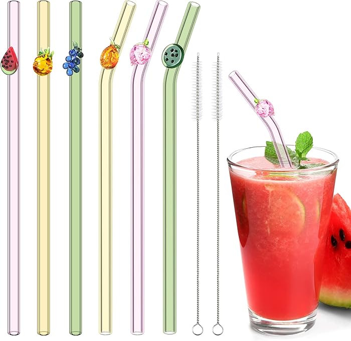 6 Pcs Glass Straws with Design Reusable Cute Fruit Drinking Straws 7.9in x 8mm Colorful Party Fav... | Amazon (US)