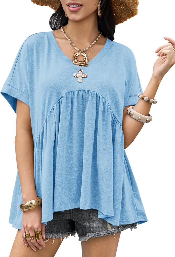 Cicy Bell Womens Summer Peplum Tops Oversized Babydoll Short Sleeve V Neck T Shirts Casual Loose ... | Amazon (US)