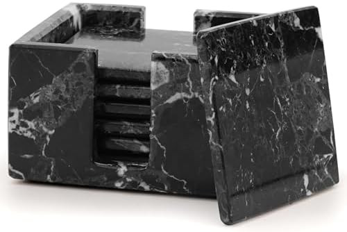 Marble Coasters Set of 6 Black 3.5 Inch Square Coaster for Drinks with Holder, Drink Coaster for ... | Amazon (US)