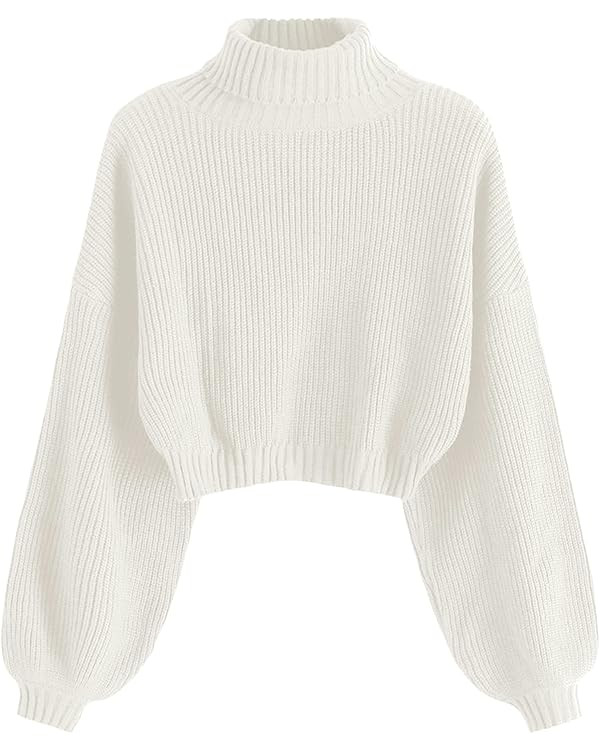 ZAFUL Women's Cropped Turtleneck Sweater Lantern Sleeve Ribbed Knit Pullover Sweater Jumper | Amazon (US)
