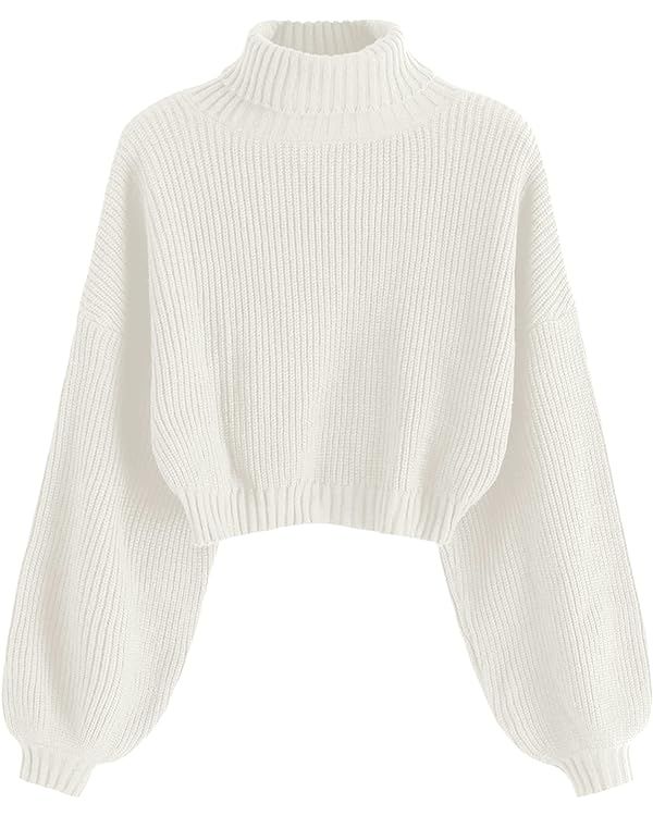 ZAFUL Women's Cropped Turtleneck Sweater Lantern Sleeve Ribbed Knit Pullover Sweater Jumper | Amazon (US)