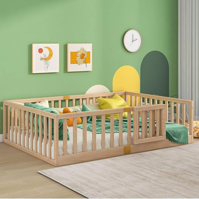 Tatub Full Montessori Floor Bed with High Rails, Solid Wood Montessori Bed Frame for Kids, Door C... | Amazon (US)