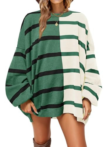 Fisoew Womens Striped Pullover Sweater Crew Neck Long Sleeve Knitted Color Block Casual Loose Lightweight Sweaters for Women Army Green | Amazon (US)