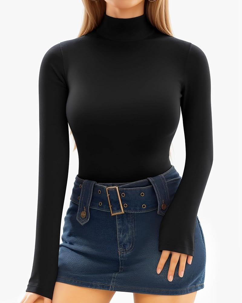 MANGOPOP Women's Mock Turtle Neck Long Sleeve Tops Bodysuit Jumpsuit | Amazon (US)