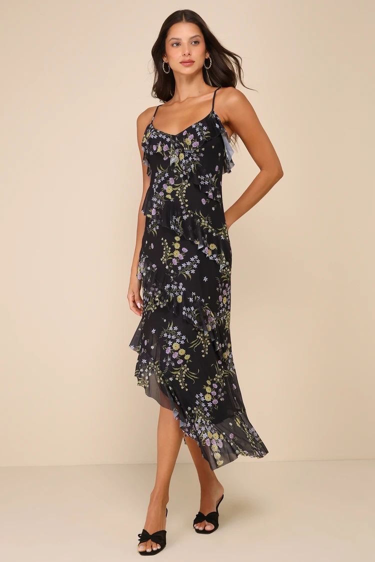 Aida Black Floral Mesh Asymmetrical Ruffled Midi Dress | Lulus