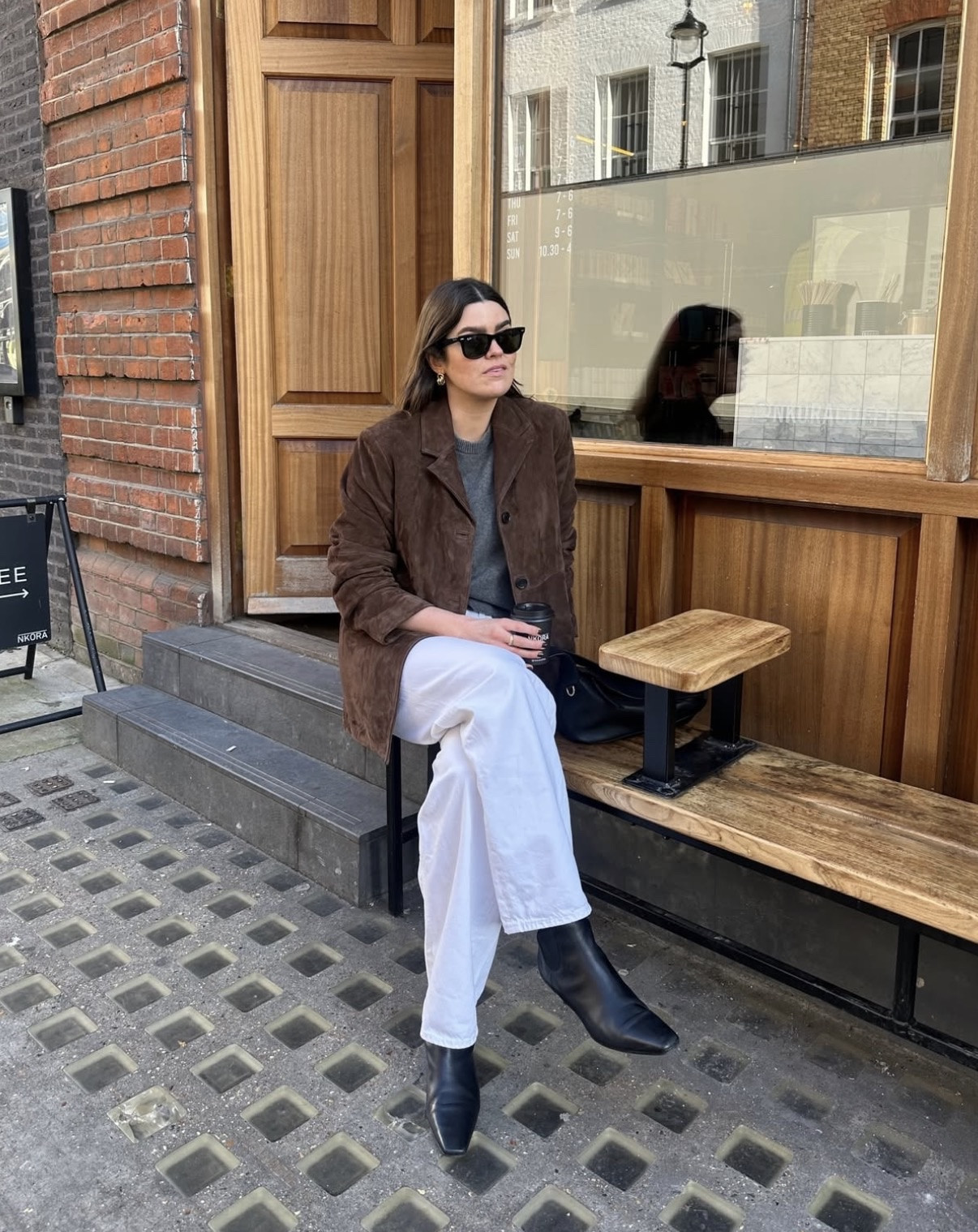 2025 in outfits. A gorgeous chocolate brown suede blazer from Arket styled with white denim and black boots 

 #LTKwinter #LTKstyletip