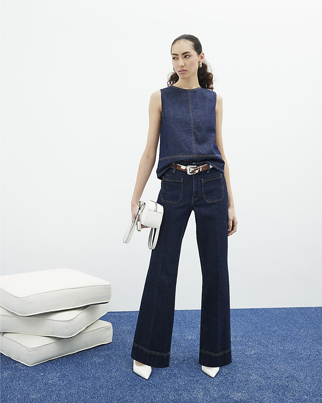 Indigo High Waisted Pocket Wide Leg Jeans | River Island UK & IE