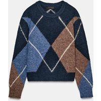 Zara - Argyle Knit Jumper In Navy Blue - Xl - Woman | Zara UK
