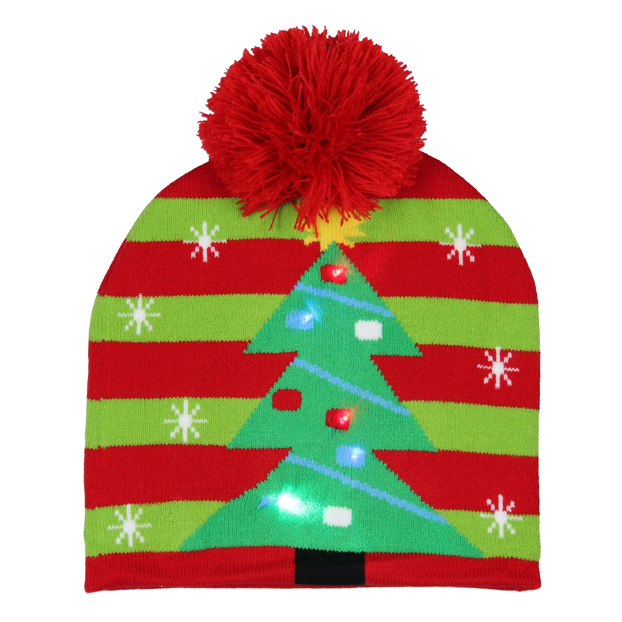 Festive Christmas Tree Lights Adult Light Up Knit Beanie Pom Pom Winter Hat Cold Weather Cap OSFM... | Walmart (US)