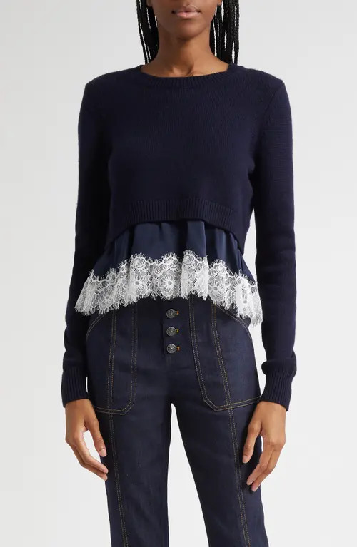 Cinq à Sept Zyla Mixed Media Sweater in Navy/navy/ivory at Nordstrom, Size X-Small | Nordstrom