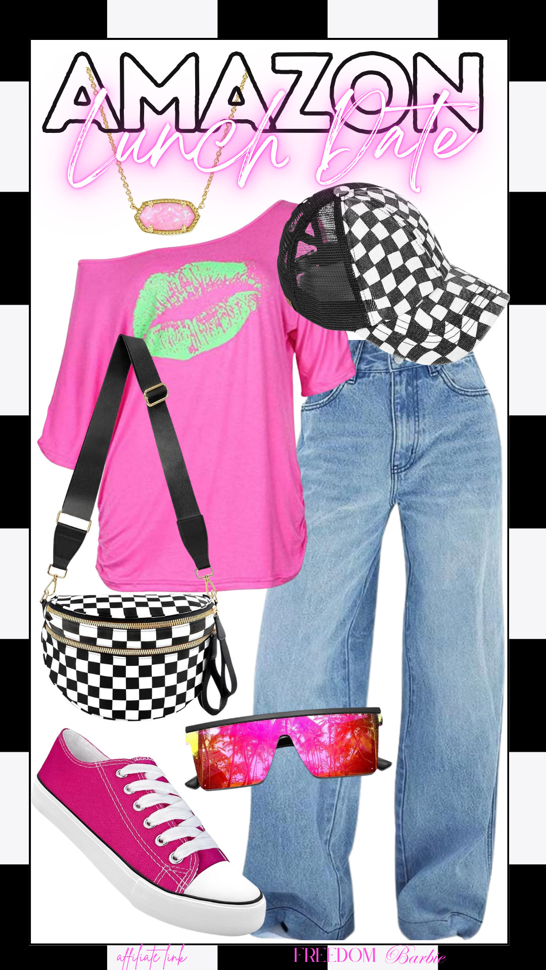 Grab this perfect outfit for your next lunch date! From the pink top to the checkered accessories, it's all about bold style.

#LunchDateOutfit #BoldStyle #AmazonFashion #TrendyLooks 

 #LTKdayinmylife #LTKgrwm #LTKootd