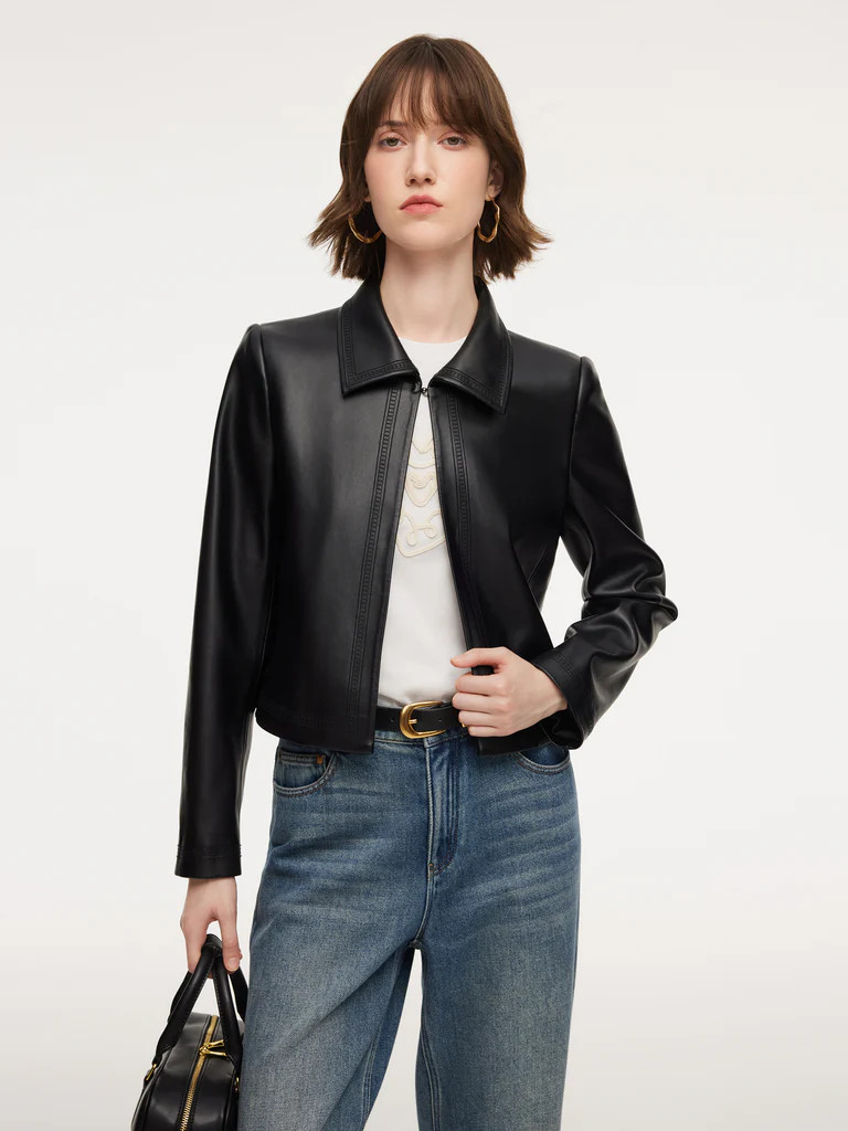 PU Leather Embroidered Trim Women Cropped Jacket | GOELIA
