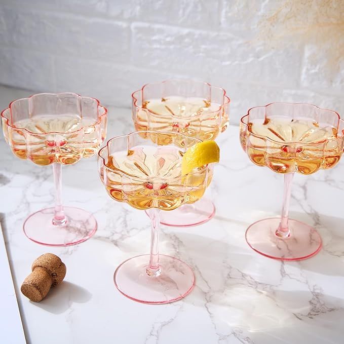 Flower Vintage Wavy Petals Wave Glass Coupes 7oz Colorful Martini, Champagne & Cocktail, - 4 Set ... | Amazon (US)