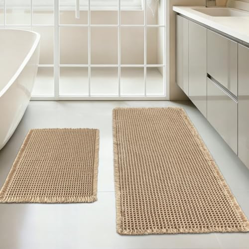 Dekafri Waffle Bath Mat Set of 2, Non Slip Waffle Rugs for Bathroom, Super Absorbent & Quick Dry Soft Shower Mat for Bathroom & Kitchen Floor, Machine Washable Bath Rugs (Brown) | Amazon (US)