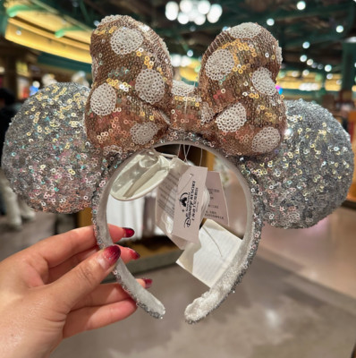 Disney' Parks Silver Sequin Rose Gold Polka Dot Bow Minnie Mouse Ears Headband | eBay US