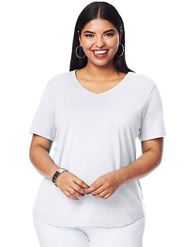 Just My Size Cotton Jersey Short-Sleeve V-Neck Women's Tee White 1X | justmysize.com (Hanesbrands Inc.)