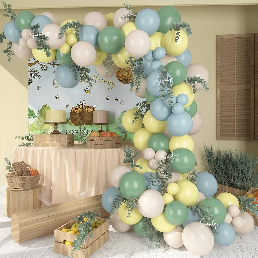 Soonlyn The Baby Shower Decorations, 13Ft Sage Green Balloon Arch Kit 12In Yellow Dusty Blue Whit... | Amazon (US)