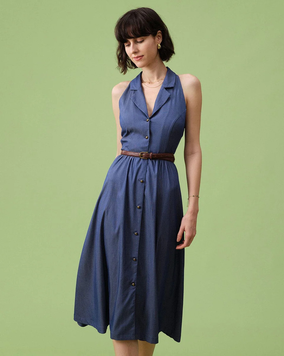 The Blue Lapel Tunic Sleeveless Midi Dress | rihoas.com