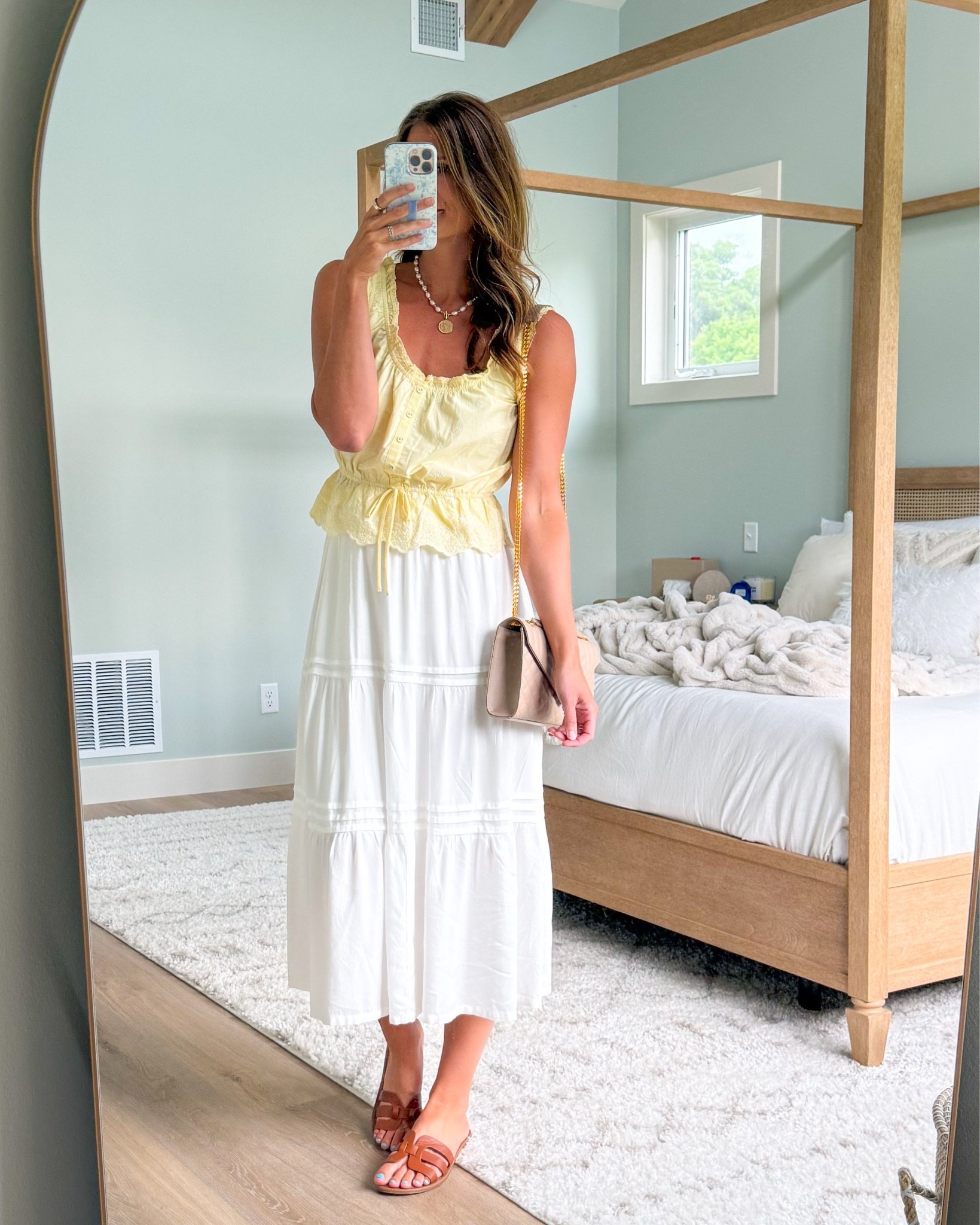 Butter yellow eyelet tank with a white skirt for the prettiest summer date night look! Wearing a medium tank and skirt

#LTKdayinmylife #LTKmomlife #LTKTall