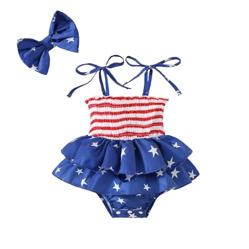 Noubeau Toddler Baby Girl 4th of July Dresses Independence Day Outfit Kid American Flag Stars Stripes Patriotic Dress Clothes（Red- Blue,3-6 Months） | Amazon (US)