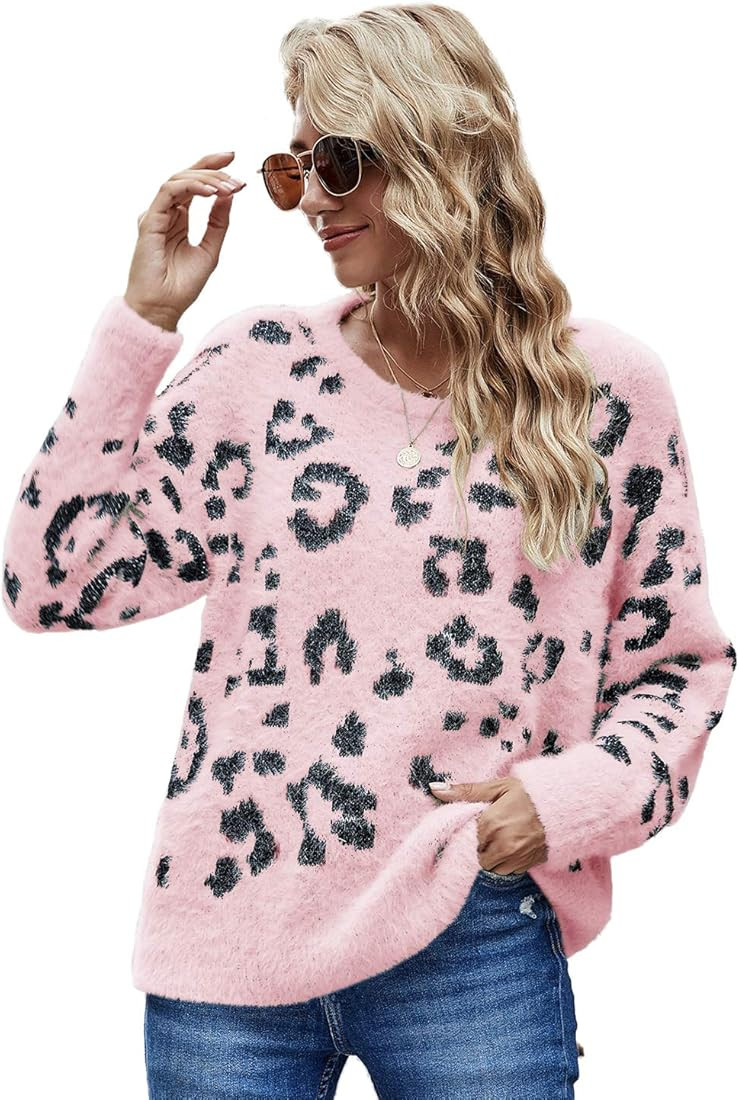 HZSONNE Women's Casual Leopard Crew Neck Loose Fit Sweater Long Sleeve Slouchy Pullover Knitted F... | Amazon (US)