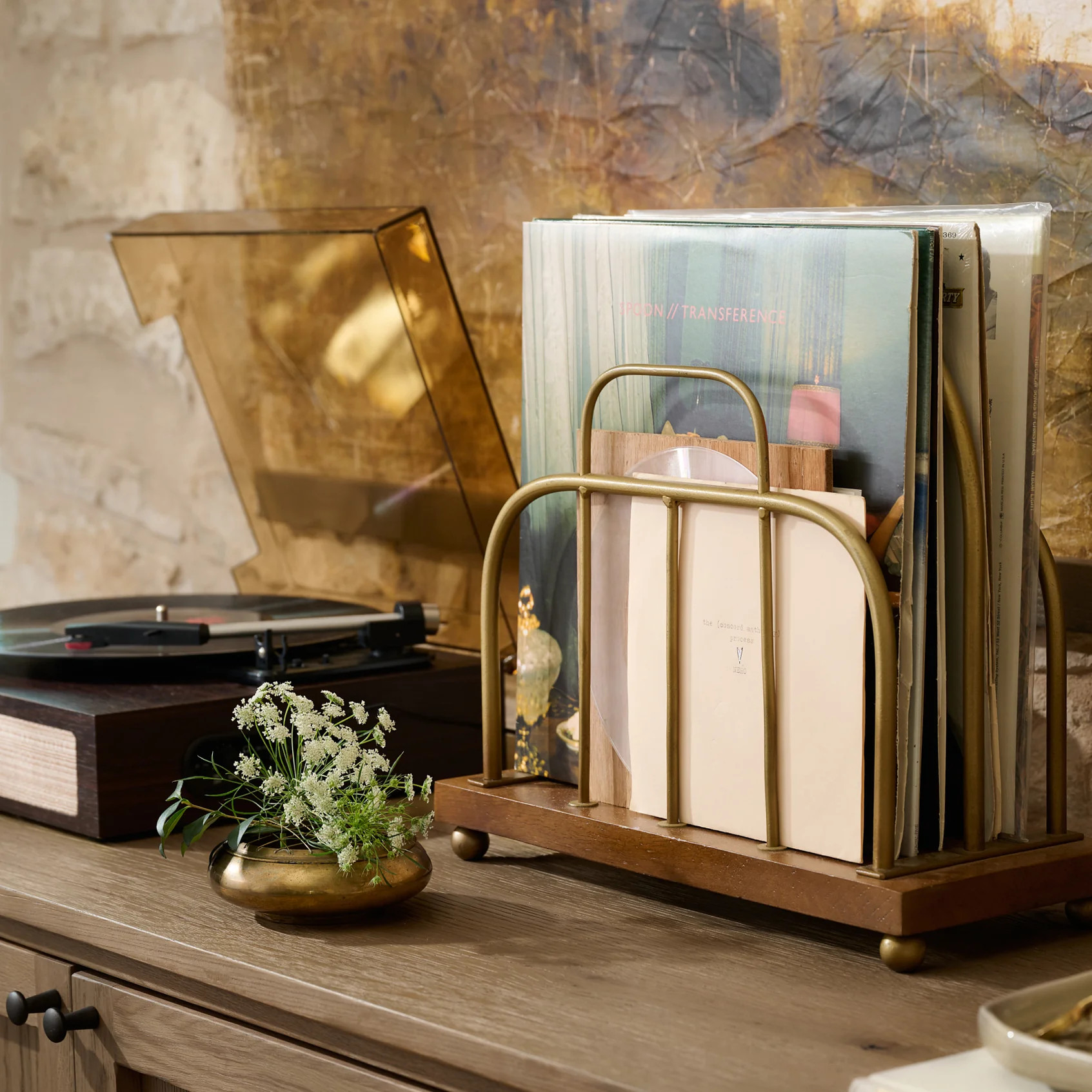 Short Antique Brass and Wood Media Stand | Magnolia