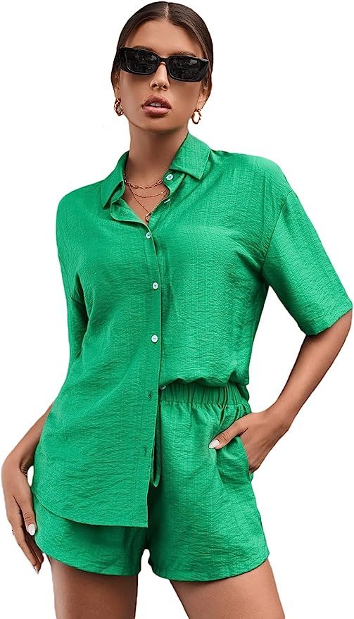 MakeMeChic Women's Casual 2 Piece Outfits Short Sleeve Button Down Blouse and Short Set | Amazon (US)