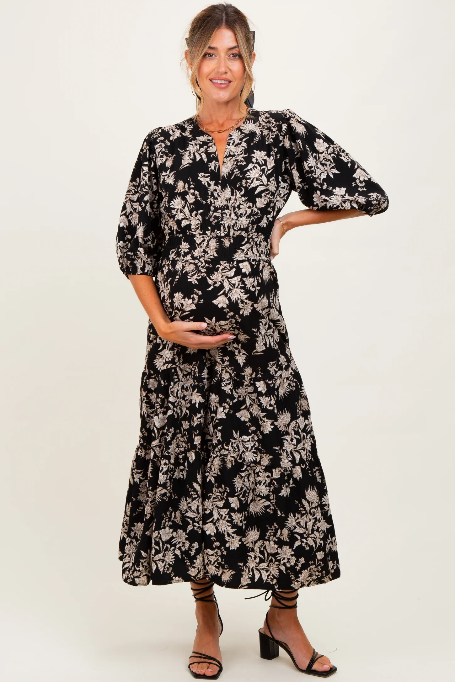 Black Floral 3/4 Sleeve Smocked Waist Maternity Midi Dress | PinkBlush Maternity