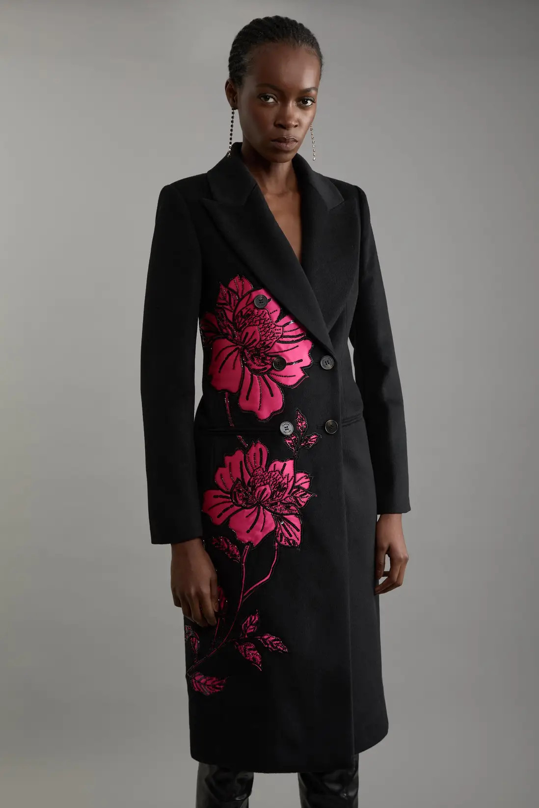 Wool Blend Satin Applique Embellished Double Breasted Tailored Midi Coat | Karen Millen