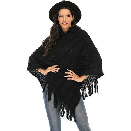 LELINTA Womens Ladies Cape Coat Knitted Fringe Hooded Poncho Oblique Coat Bohemian Shawl Scarf Tasse | Walmart (US)