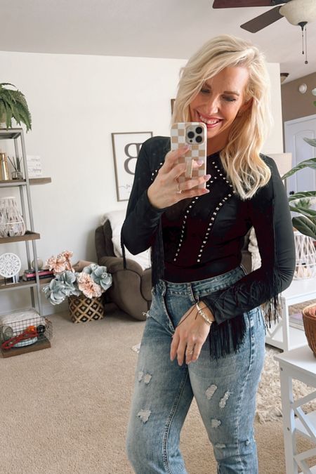 Fringe and sheer count me on!! The perfect date night outfit!! 

It’s a bodysuit - wearing a medium.

.Nashville outfit / concert outfit / country concert 

#LTKstyletip #LTKover40 #LTKfindsunder50