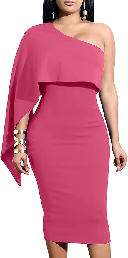 GOBLES Women's Summer Sexy One Shoulder Ruffle Bodycon Midi Cocktail Dress | Amazon (US)