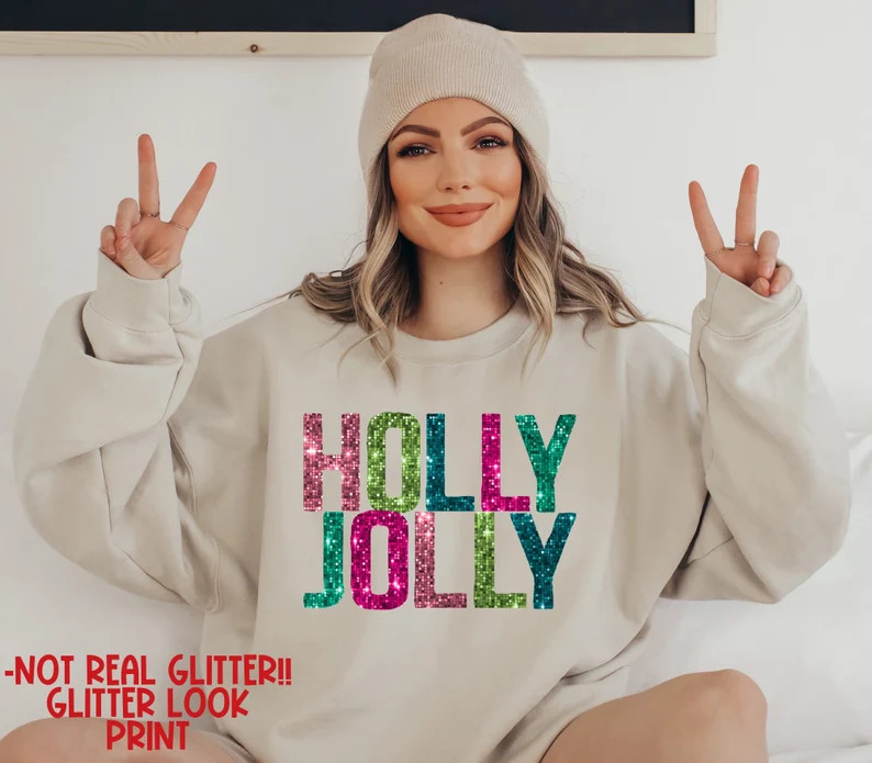 Holly Jolly Colorful Glitter Look DTF Print Sweater Christmas - Etsy | Etsy (US)