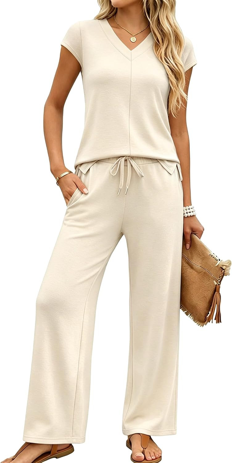 Casly Lamiit 2 Piece Sets for Women Side Slit Cap Sleeve Travel Outfits | Amazon (US)