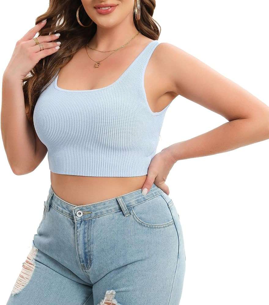 Womens Sleeveless Going Out Form Fitting Tank Top Cropped Suqare Neck Ribbed Knit Casual Sculpt S... | Amazon (US)