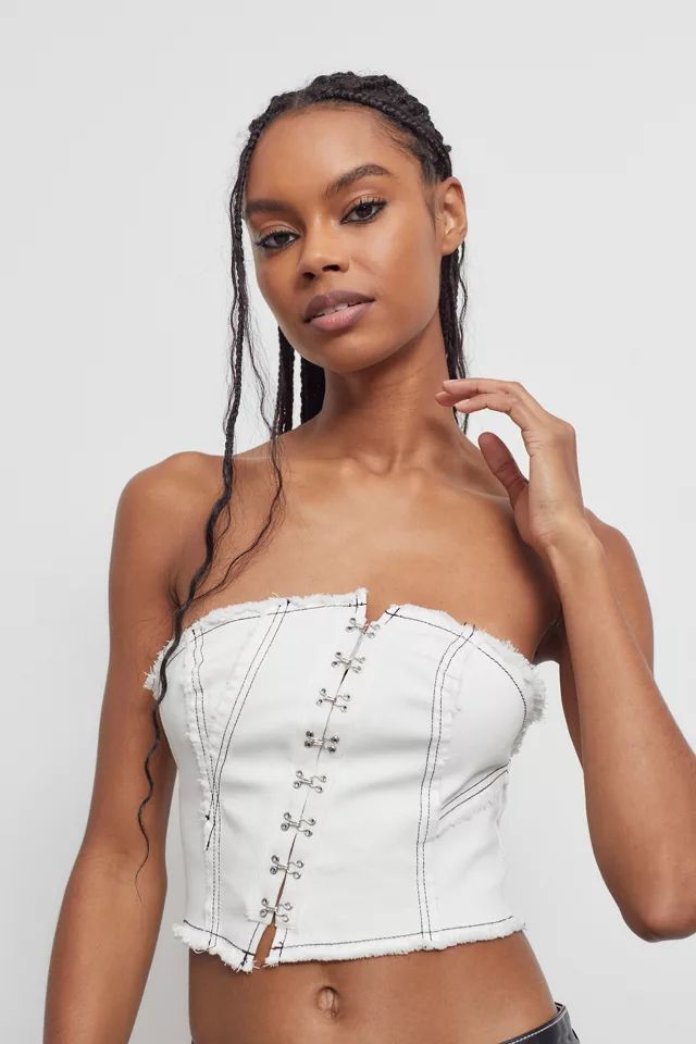 UO Moni Denim Distressed-Edge Bustier Top | Urban Outfitters (US and RoW)