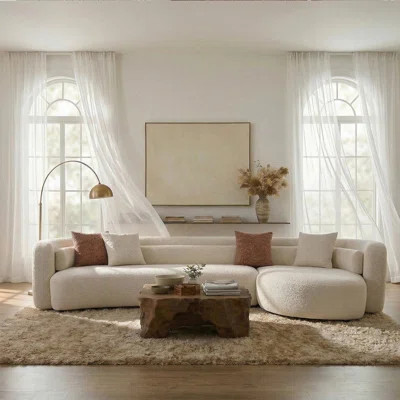 Curved Sectional Sofa in Cream White, Polyester Upholstered Cloud Couch with Deep Seating, Modern Minimalist Modular Sofa for Living Room | Wayfair North America
