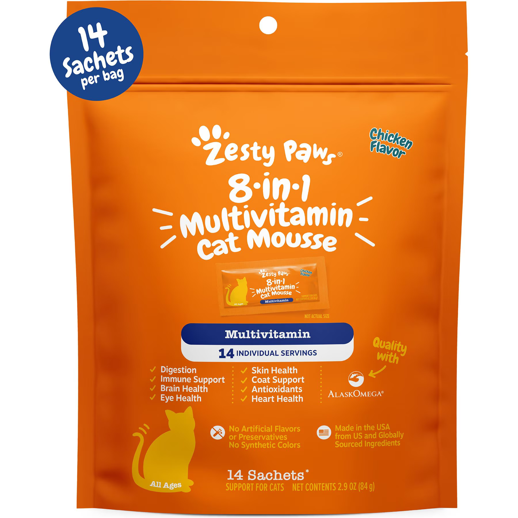 Zesty Paws 8-in-1 Multivitamin Chicken Flavored Mousse Lickable Supplement for Cats, 14 count | Chewy.com