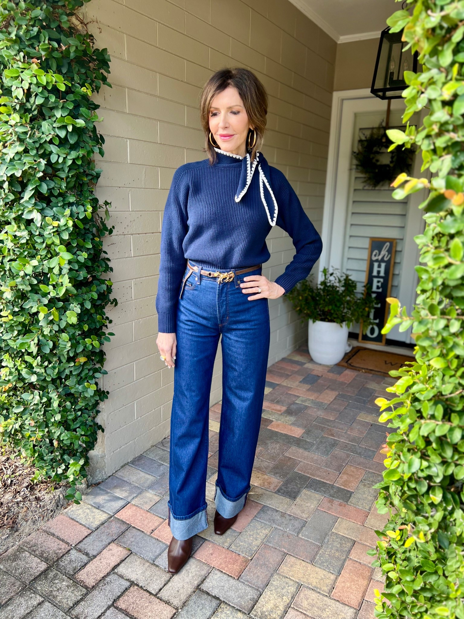 tie neck sweater, navy sweater, cuffed denim, over 50 outfits, winter outfit, spring outfit 

#LTKSeasonal #LTKOver40 #LTKootd