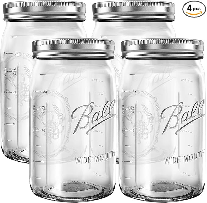 Mason Jars Wide Mouth 32 oz Bundle with Non Slip Jar Opener brand BHL Jars - Set of 4 Quart Size ... | Amazon (US)