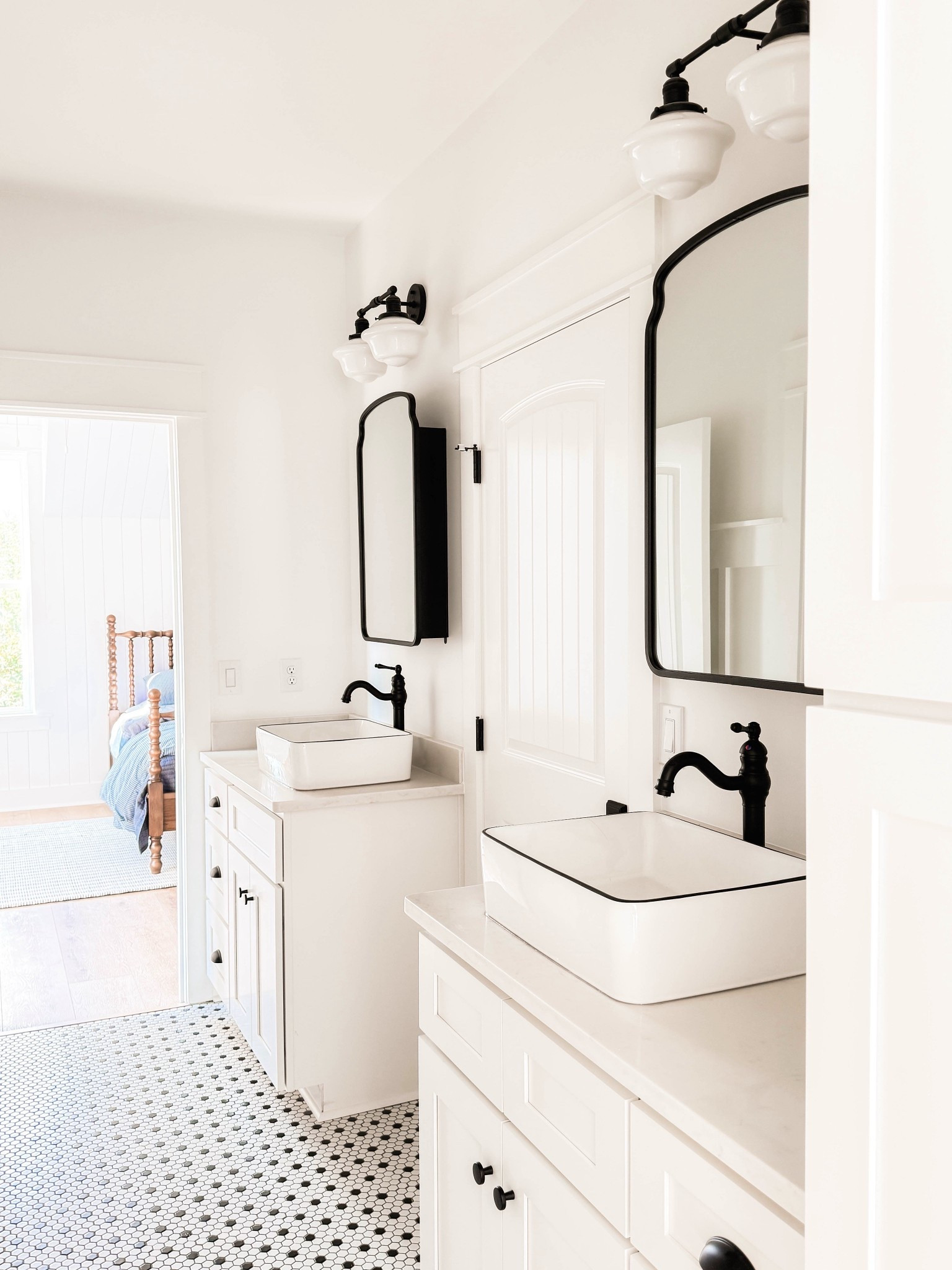 #blackandwhitebathroom #boysbathroom #vintagetile #pennytile #vesselsink #farmhousebathroom 

#LTKHome