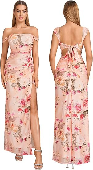 HTZMO Off The Shoulder Wedding Guest Floral Maxi Dress Back Bow Tie Split Ruched Bodycon Formal L... | Amazon (US)