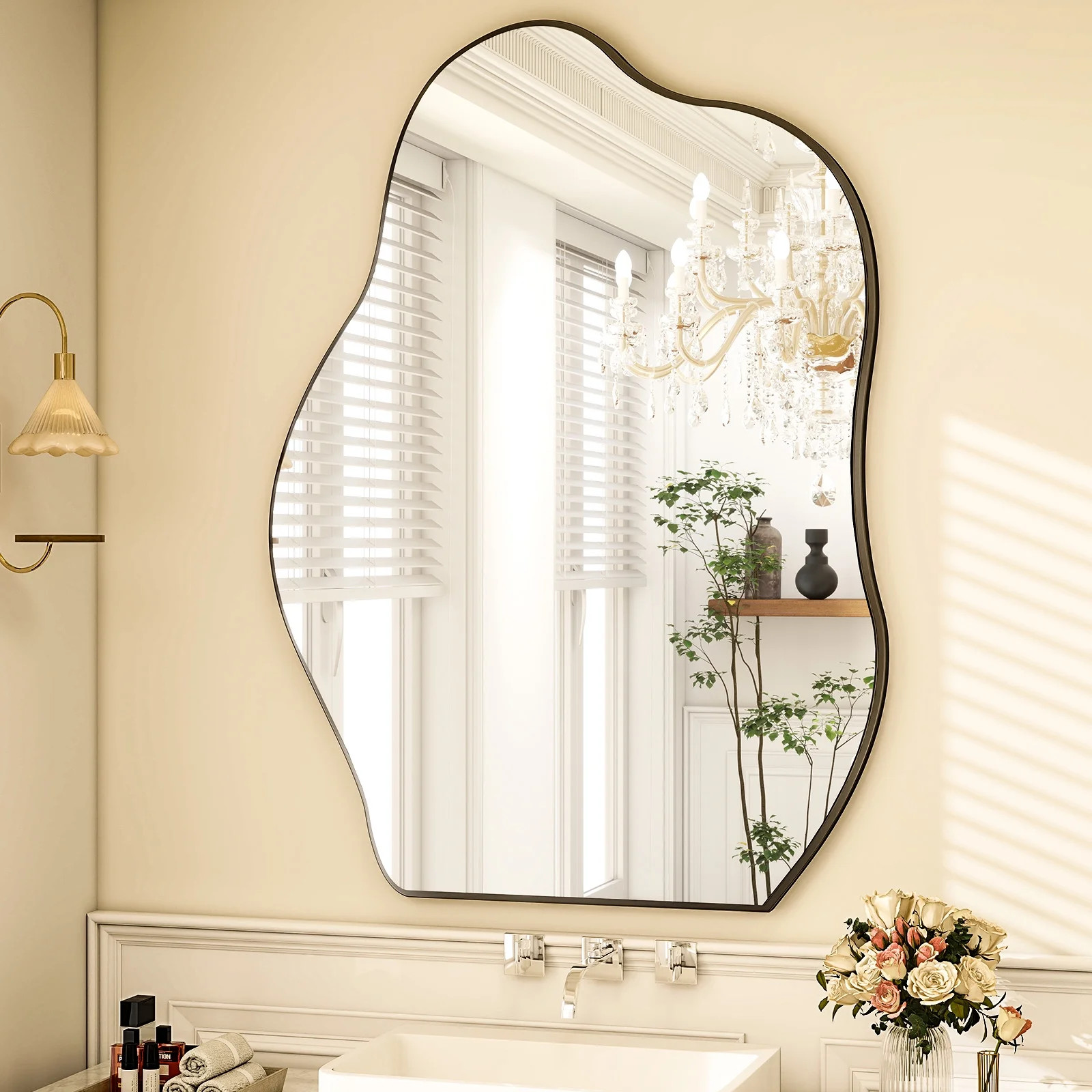 BEAUTYPEAK 26" x 38" Vanity Mirror Wall Wavy Mirror Bathroom Mirror Decor , Black | Walmart (US)